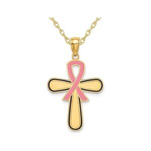 14K Yellow Gold Pink Enamel Awareness Ribbon Cross Pendant Necklace with Chain